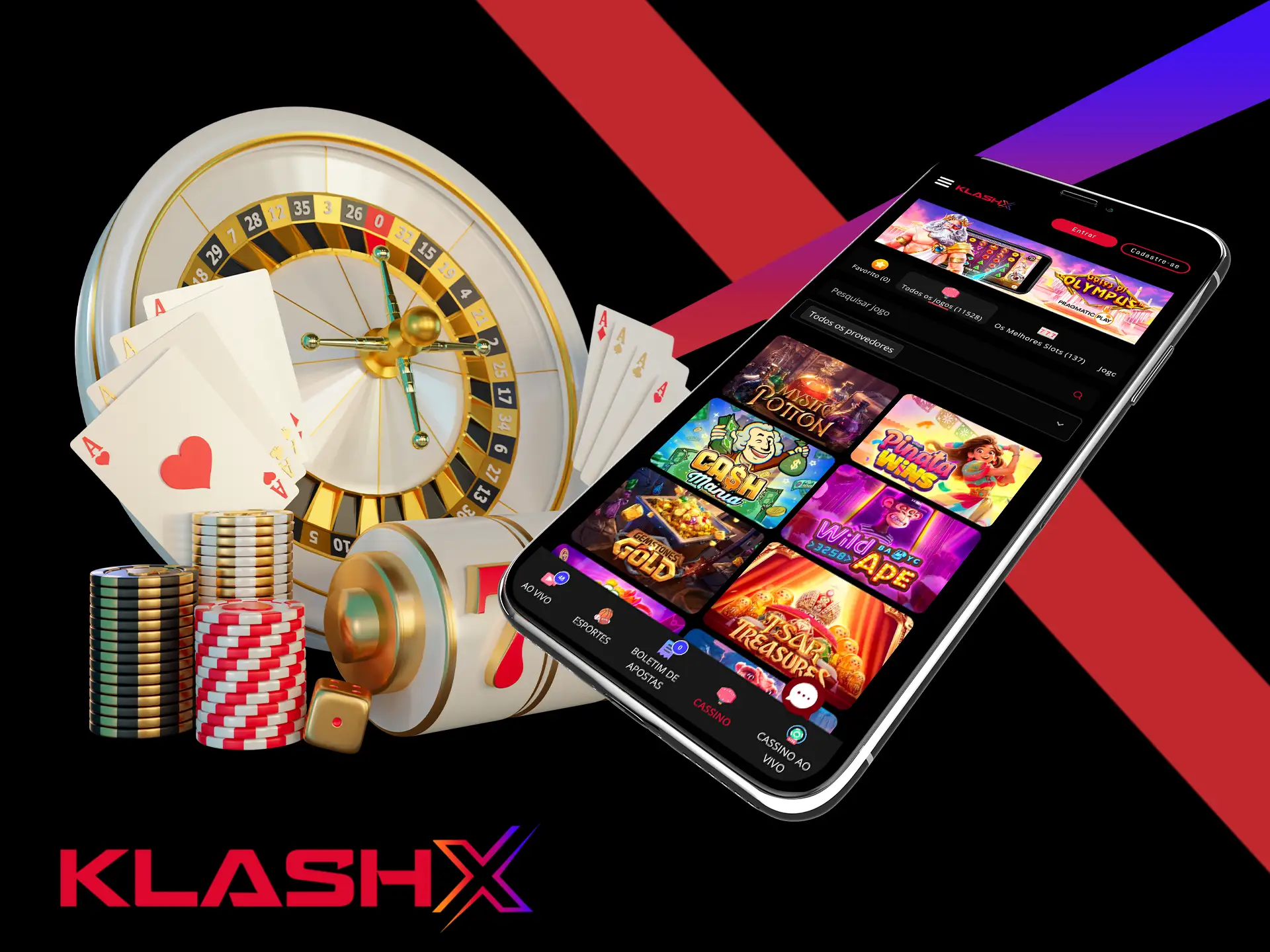 Uma variedade gigantesca de jogos espera por você no aplicativo e no site do KlashX.