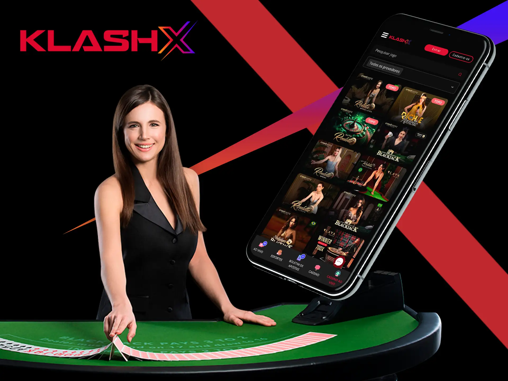 Você estará jogando com dealers reais na plataforma KlashX on-line.